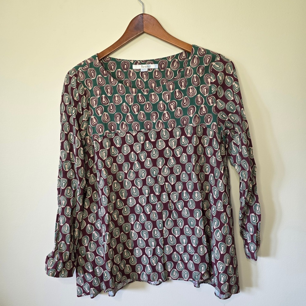 Boden Blouse Women 6R Burgundy Green Geometric Empire Waist Long Sleeve Mod Art